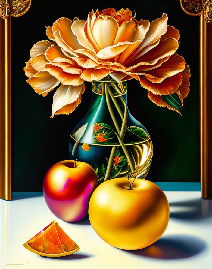 Detailed still life painting: large flower, glass vase, apples, orange slice on dark background