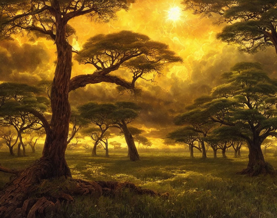 Golden sun shining over dense clouds in lush savanna with acacia trees