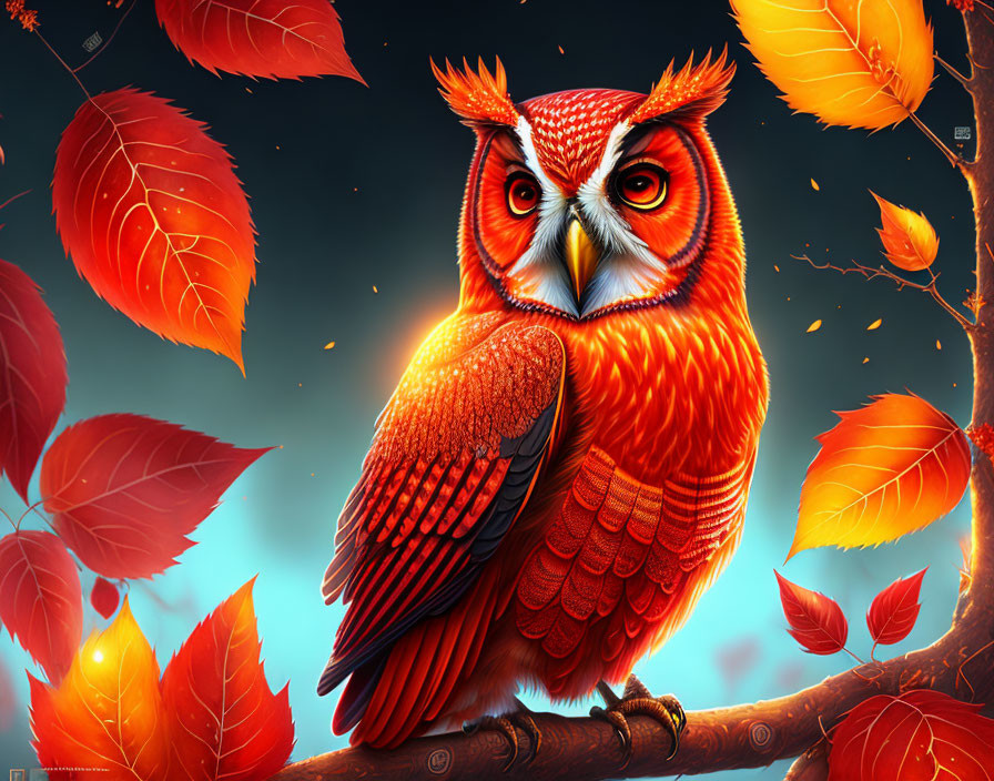 Colorful digital artwork: Orange-red owl on branch with falling leaves on blue background