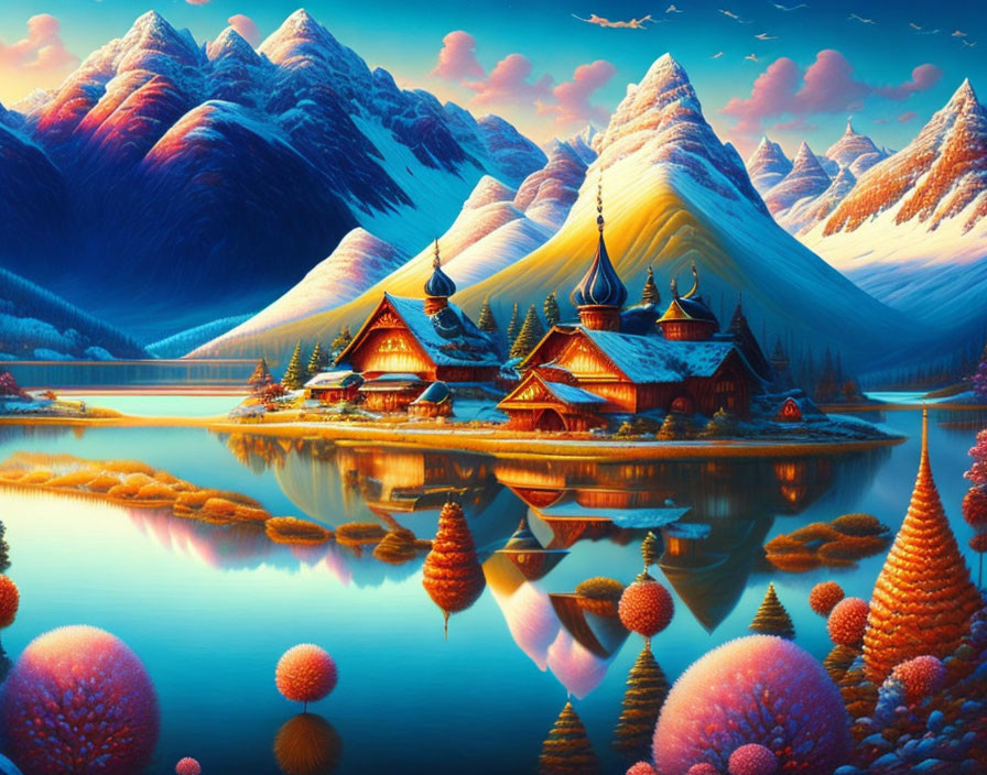 Colorful Fantasy Landscape with Reflective Lake and Snowy Peaks