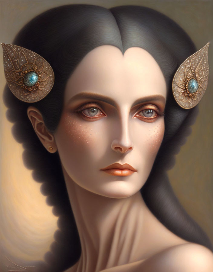 Digital portrait: Pale-skinned woman with dark hair, amber eyes, and ornate gold earrings