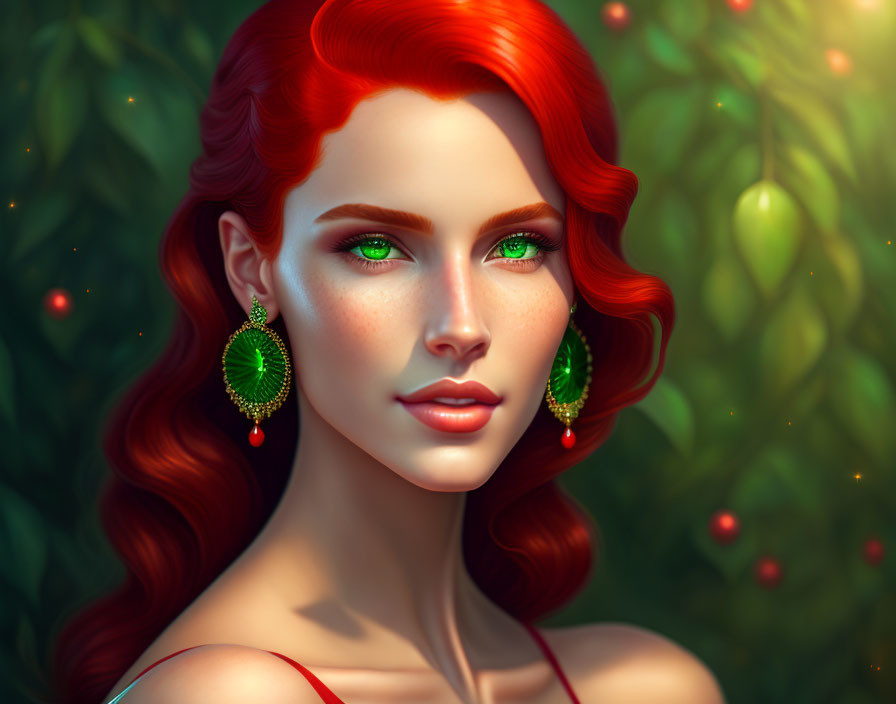 Vibrant digital portrait of a woman with red hair and green eyes