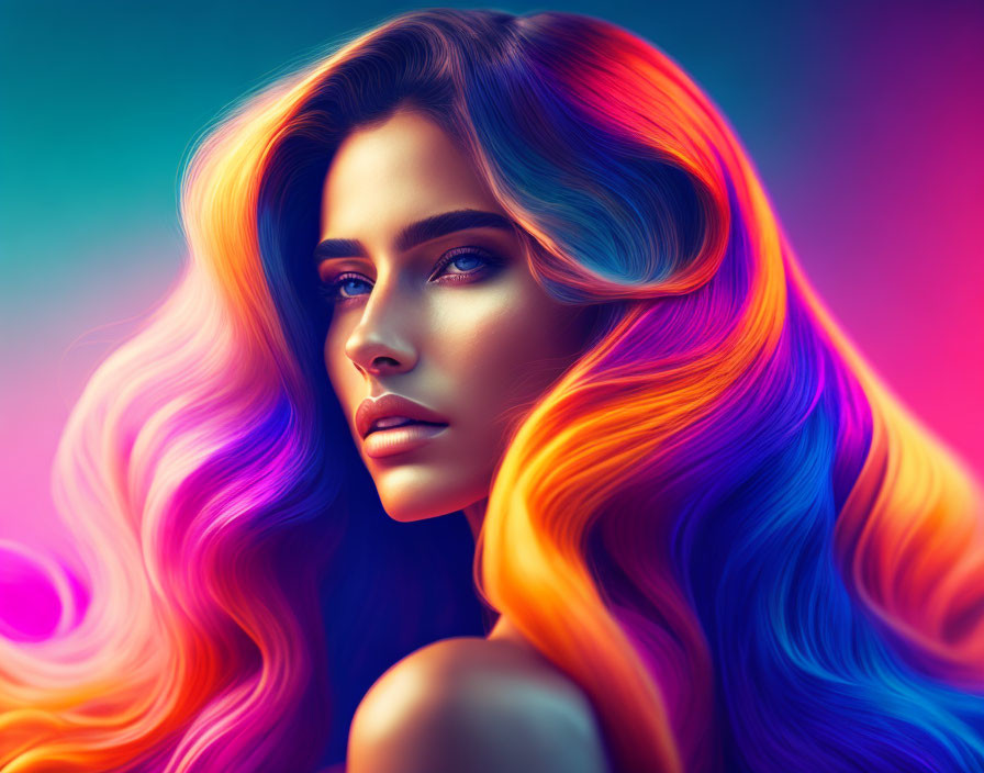 Colorful portrait of woman with rainbow hair on blue and pink background