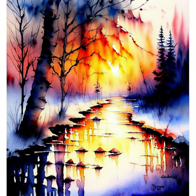 Serene landscape watercolor painting with tree reflections and sunset hues