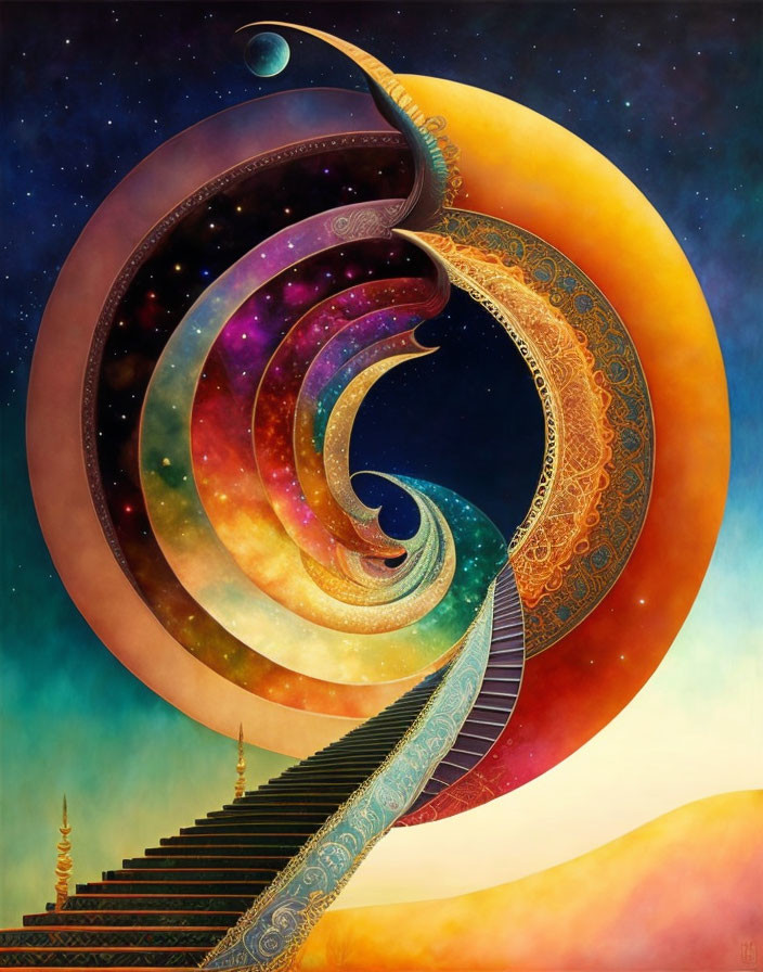 Colorful surreal artwork: Spiral galaxy merging with crescent, adorned with patterns, stairs ascending.