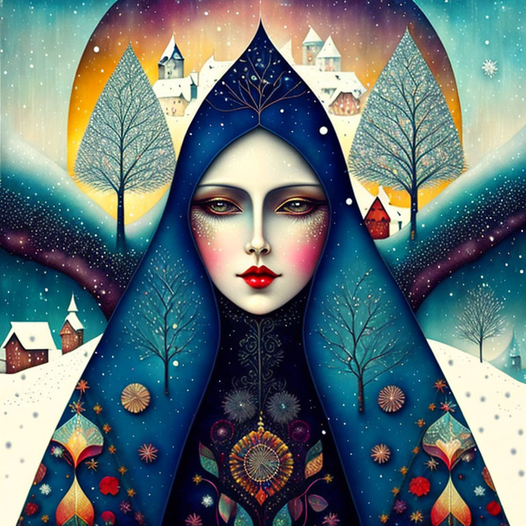 Illustration of serene woman in cloak with nature motifs, snowy hills, village, castle