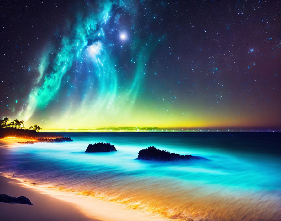 Starry night sky above tranquil beach with glowing ocean waters