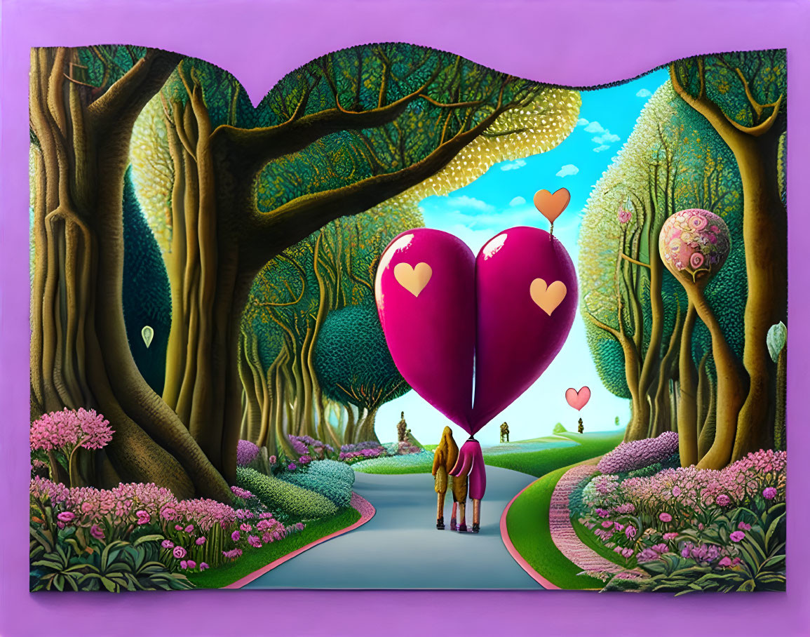 Couple with heart balloons in whimsical forest path