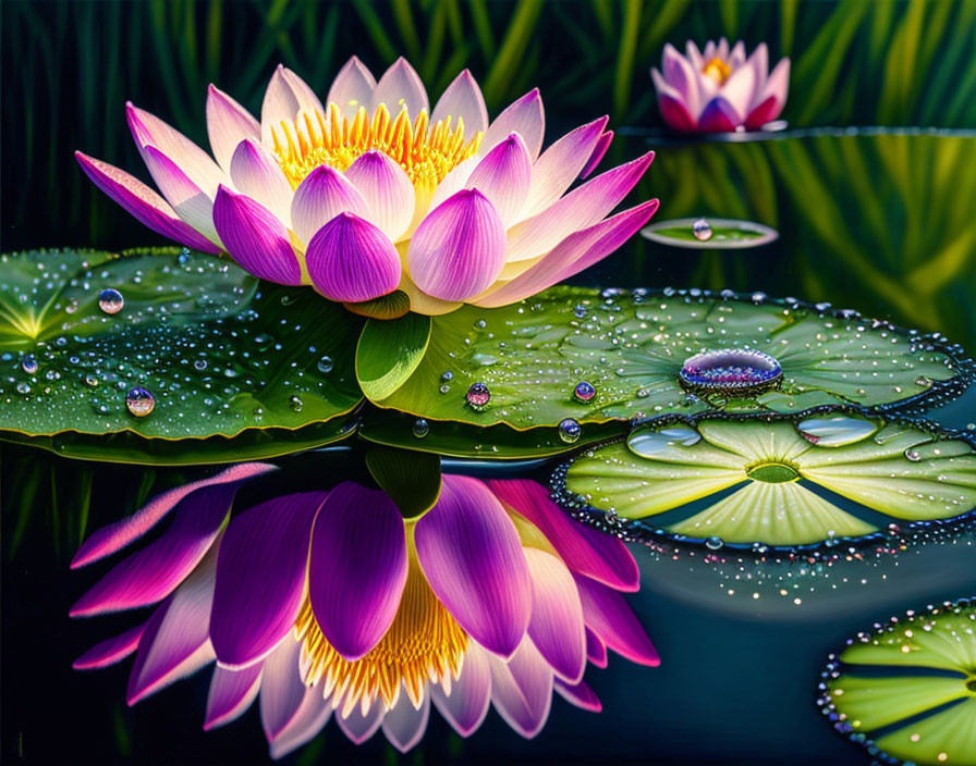 Pink and White Water Lily with Golden Center Floating on Water