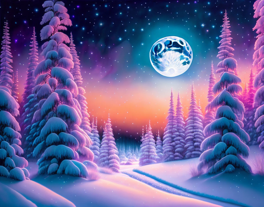 Winter landscape with snowy trees, starry sky, detailed moon, and colorful sunset horizon