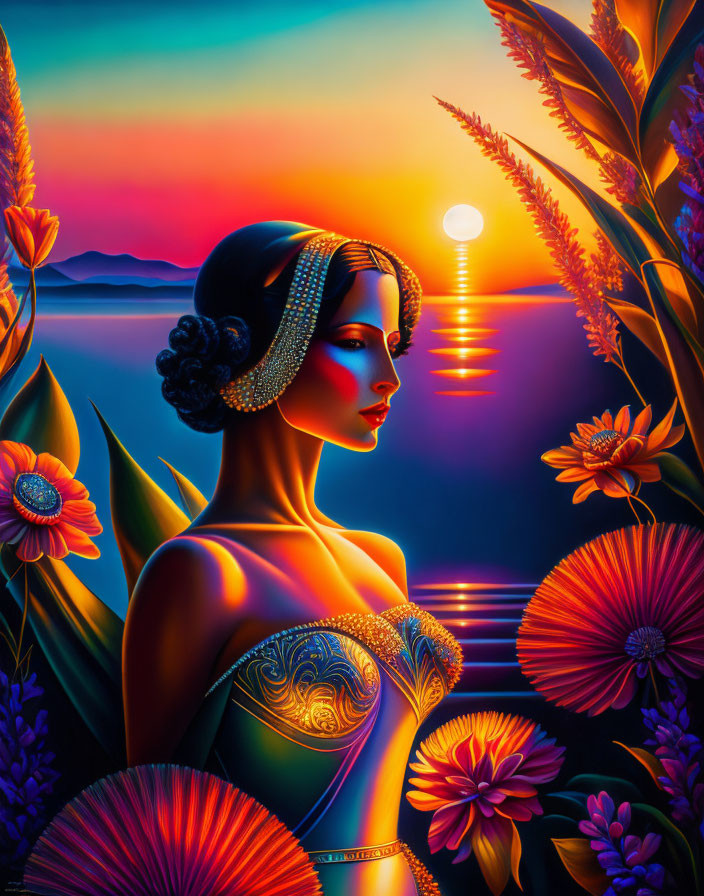 Stylized portrait of woman with elaborate hair and patterned dress against vibrant sunset and water with colorful