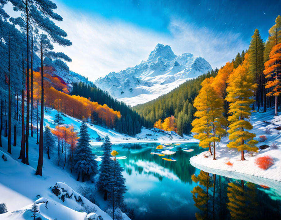 Tranquil autumn to winter transition in a snowy mountain landscape