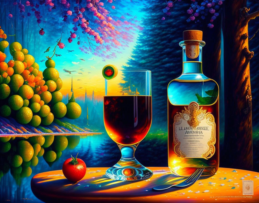 Still life image with glass of red liquid, embellished bottle, fruits, and nature background.