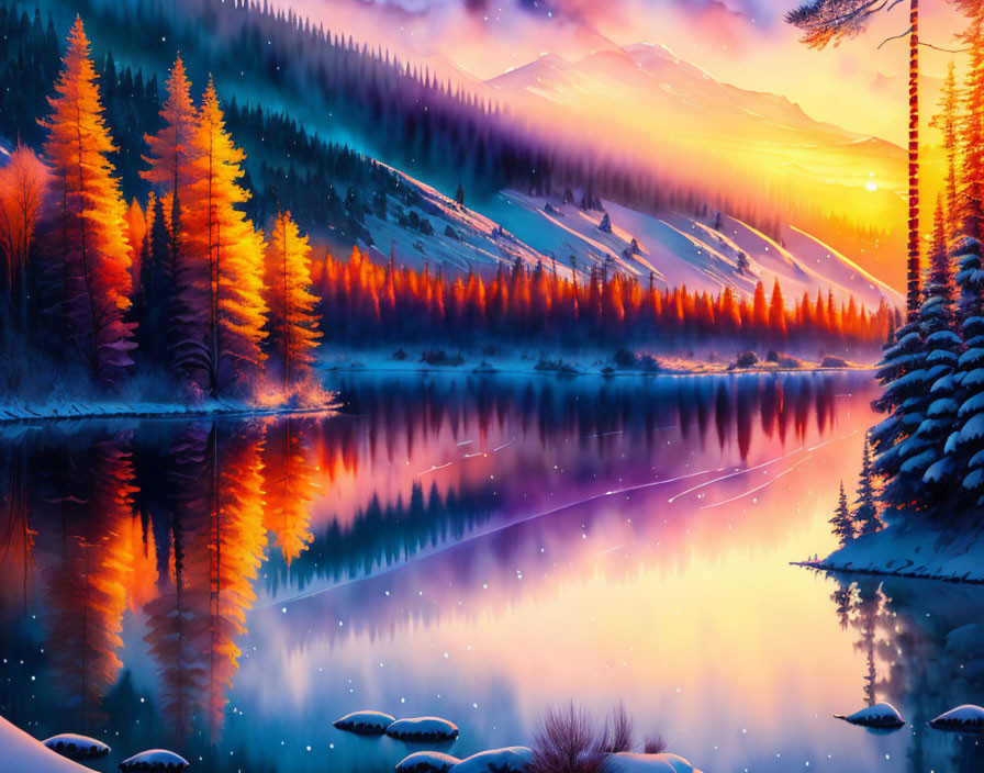 Scenic winter lake sunset with illuminated trees and snow-covered hills