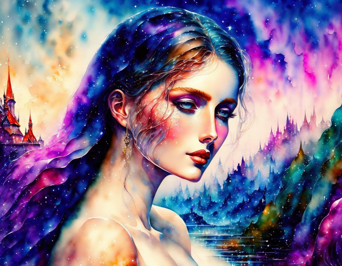 Digital artwork: Woman with ethereal beauty in cosmic fantasy scene