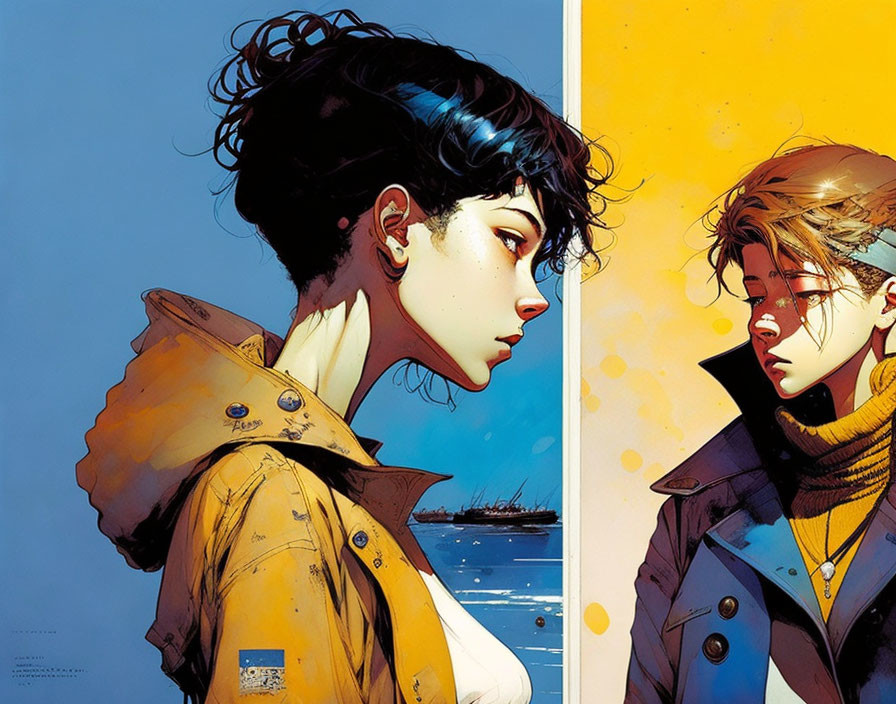 Stylized illustrations of a woman in yellow and blue jackets on colorful background