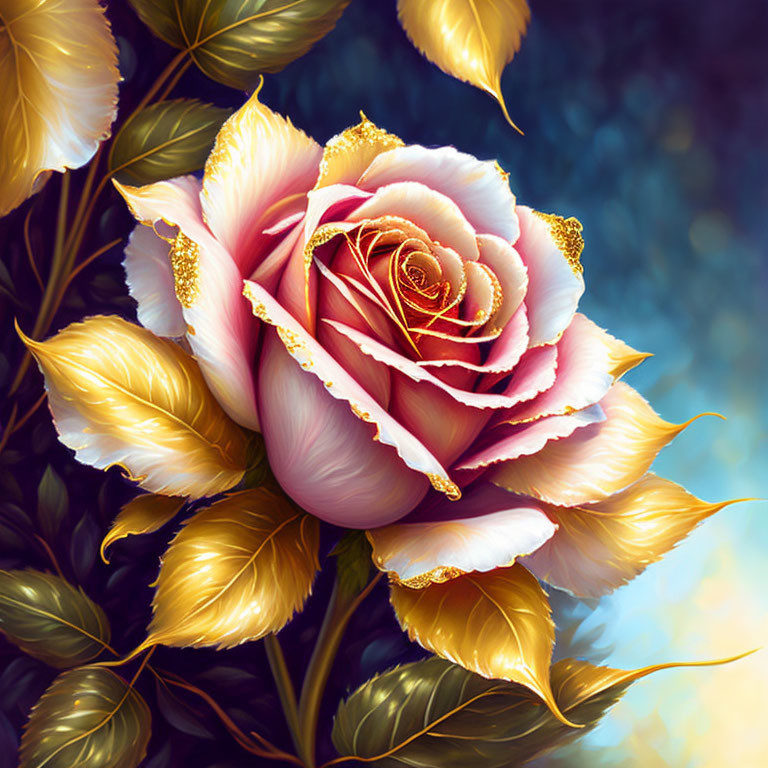 Pink rose with golden edges and green leaves on blurred blue background