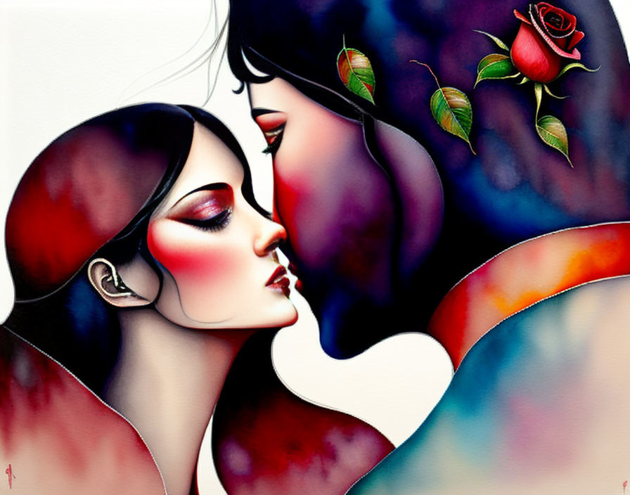 Stylized figures in vibrant red and cool-toned hues with floating red rose