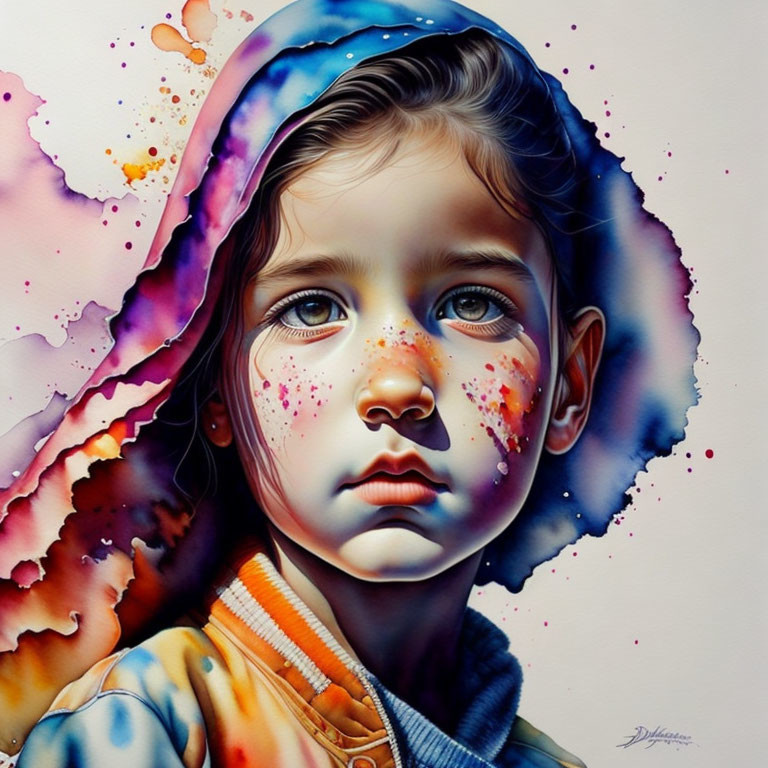 Vibrant watercolor portrait of young girl with expressive blue eyes