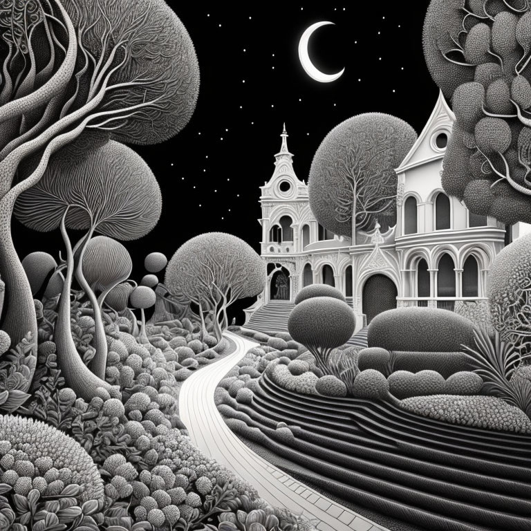 Surreal monochromatic landscape with Victorian houses, stylized trees, path, crescent moon