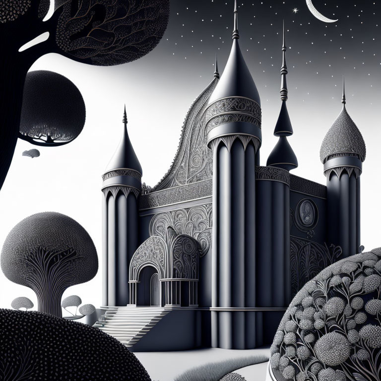 Monochromatic fantastical castle illustration under starry sky