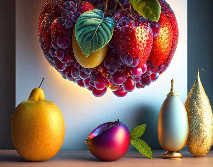 Still life painting of oversized ripe fruit and metal vases on a table