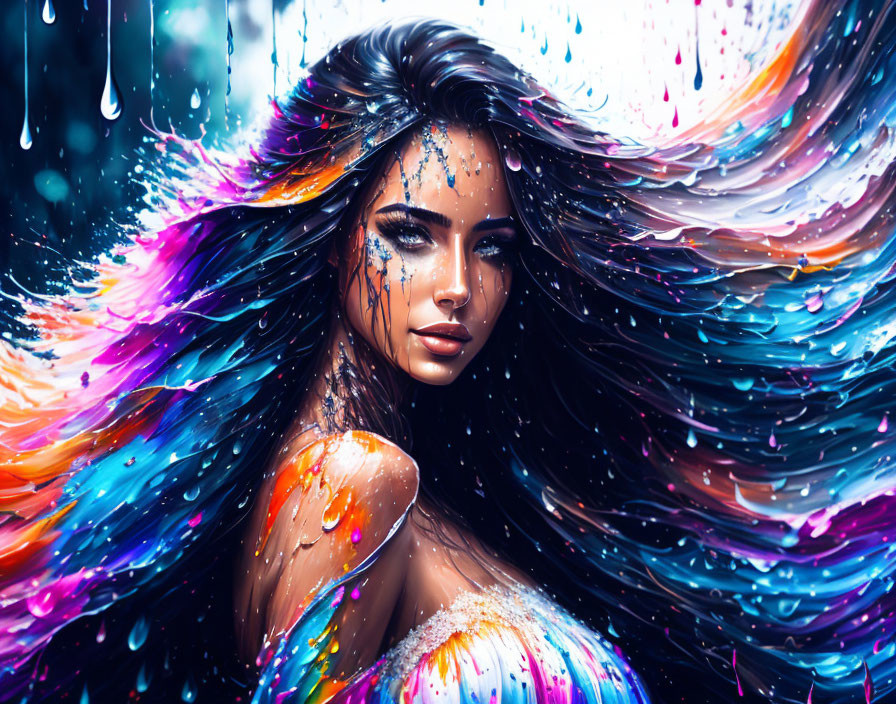 Colorful digital artwork: Woman with flowing hair in vibrant hues on a rain-streaked blue background