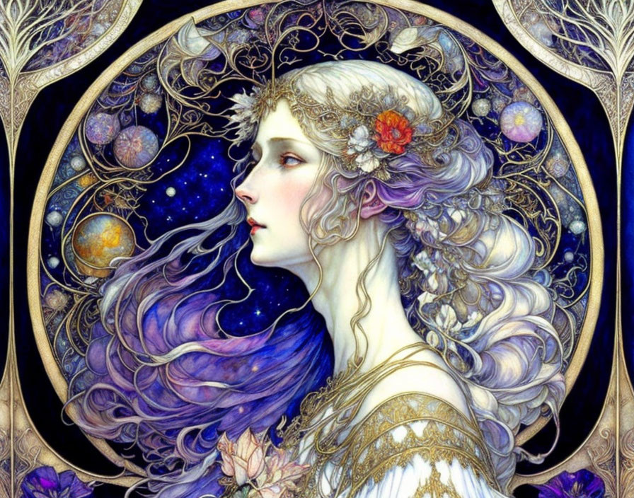 Detailed fantasy illustration of a woman with flowing purple hair and celestial motifs