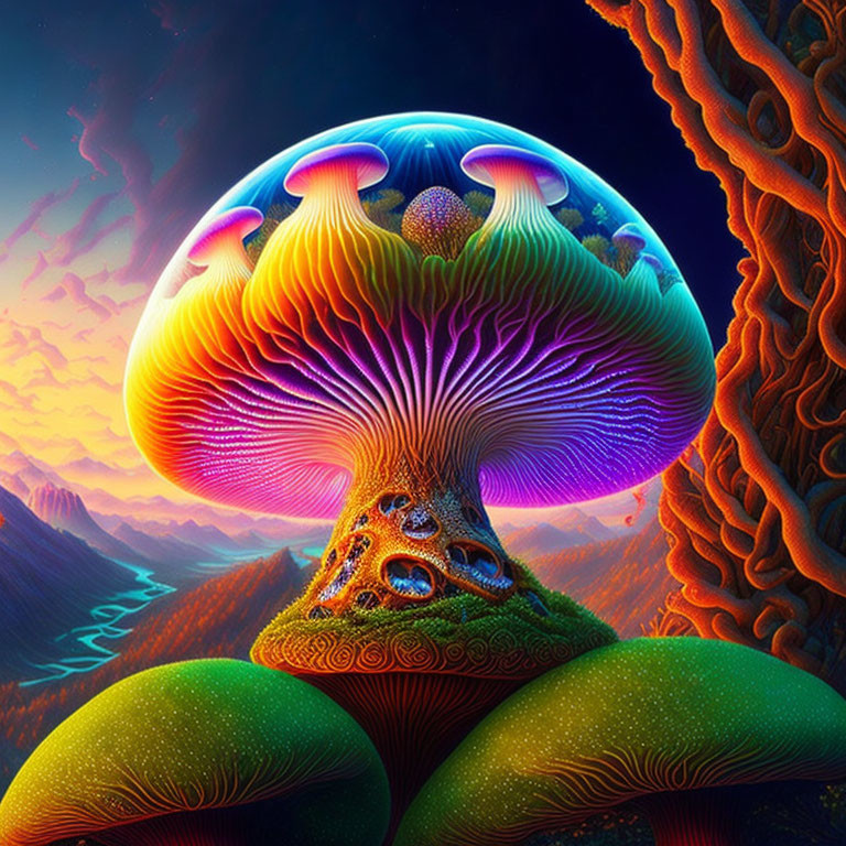 Colorful psychedelic mushroom illustration on fantastical landscape