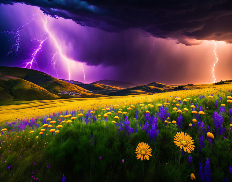 Dramatic purple lightning in dark sky over colorful meadow