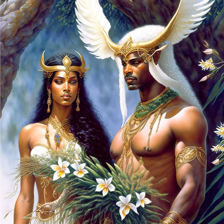 Fantasy illustration of man and woman with angelic wings in lush floral setting