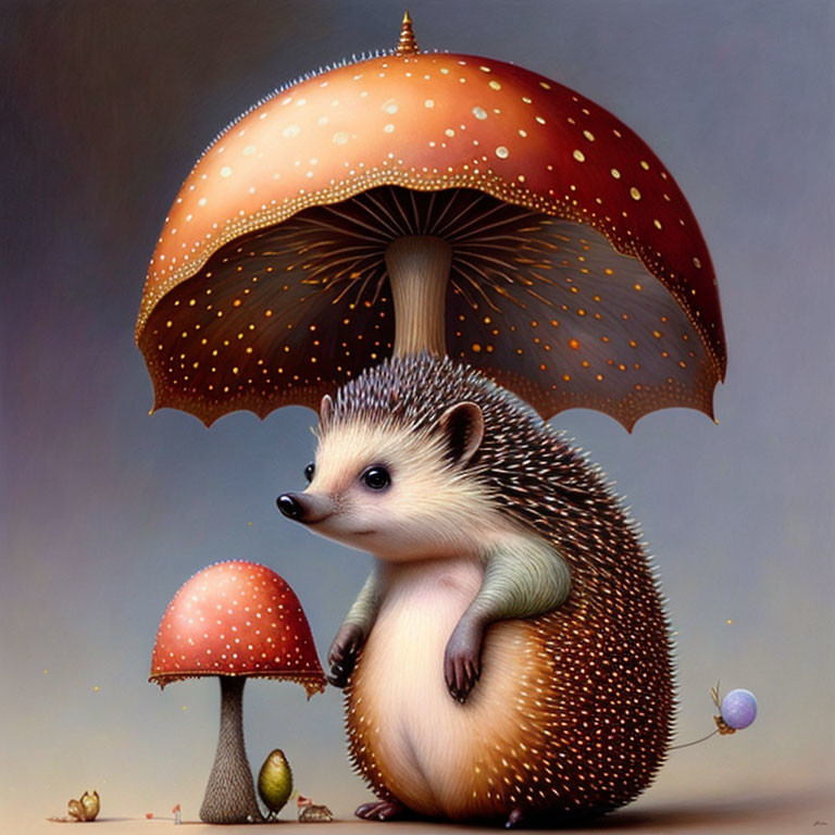 Illustration of Hedgehog with Mushroom Umbrella and Tiny Plants