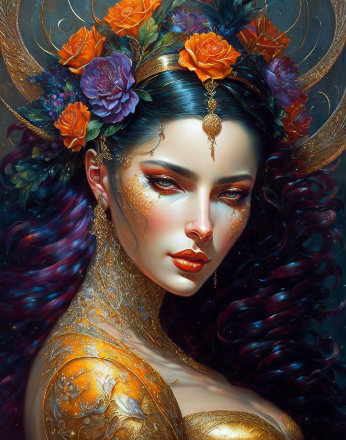 Digital Artwork: Woman with Golden Headwear, Flower Hair, and Mythical Armor