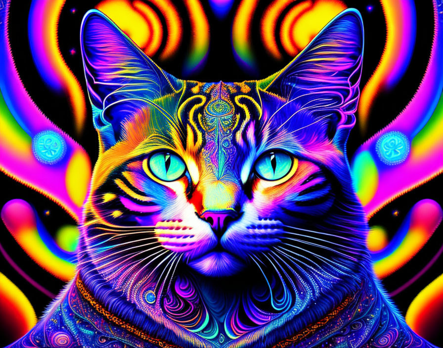 Colorful Psychedelic Cat Artwork with Swirling Neon Backgrounds