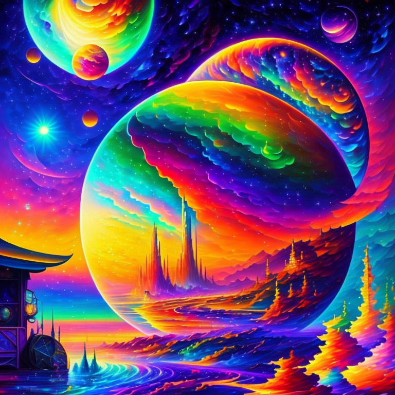 Colorful Cosmic Landscape with Planets, Stars, Nebula, Trees, Mountains, and River