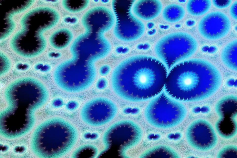 Vibrant Blue and Turquoise Fractal Pattern with Circular and Amoeboid Shapes