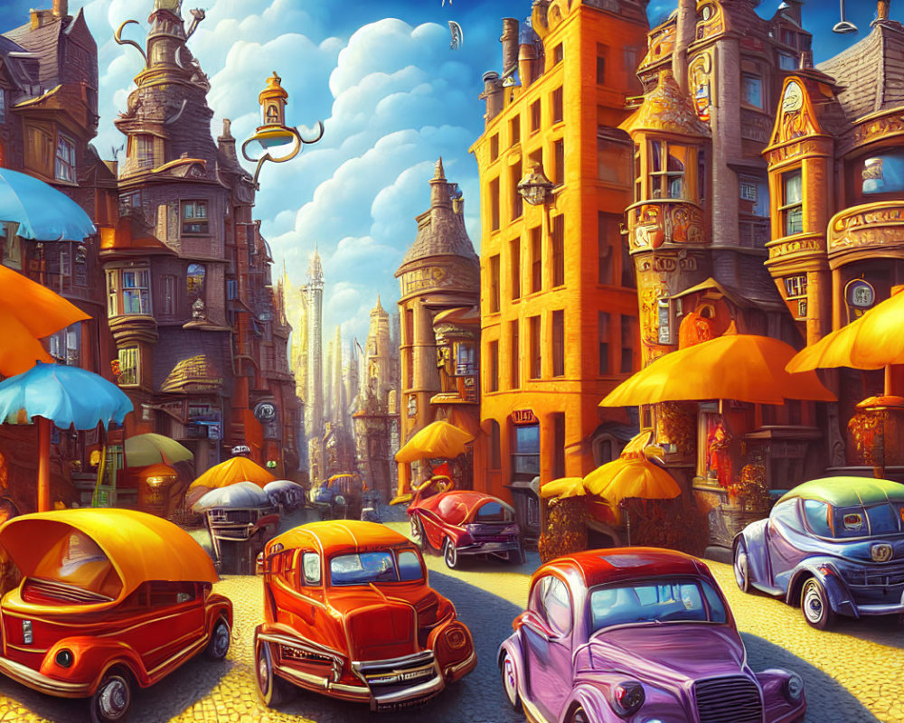 Colorful vintage cars and whimsical architecture on vibrant city street.
