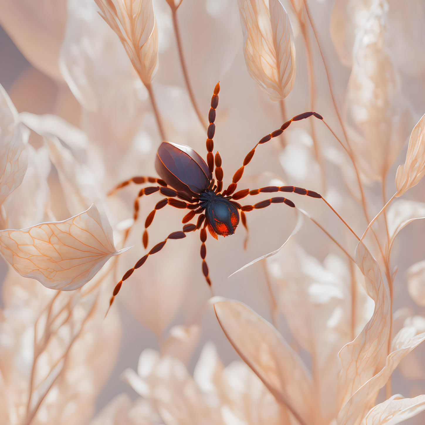 Detailed Close-Up of Spider Among Pale Leaves