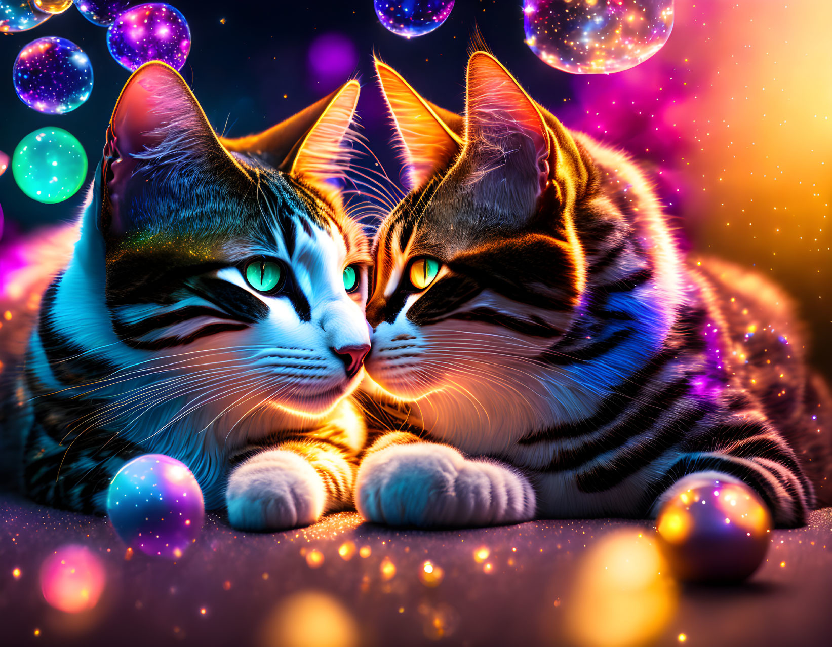 Striped cats cuddling in cosmic setting with glowing orbs