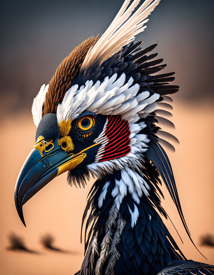 Majestic bird of prey with brown, black, and white plumage and yellow-red facial markings