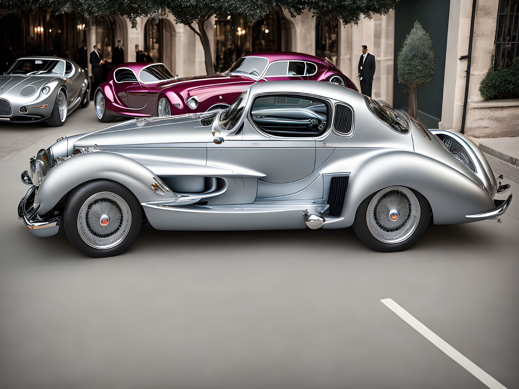 Vintage luxury car parked with man in suit and classic cars in background