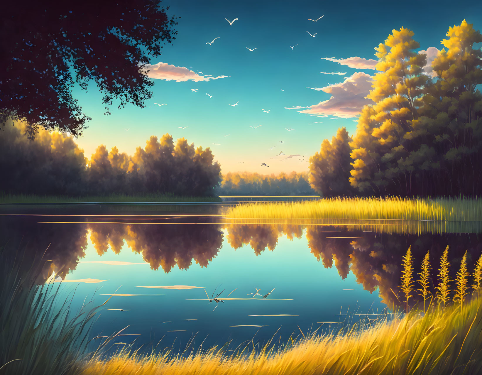 Tranquil lakeside sunset with reflective water, flying birds, lush autumn trees