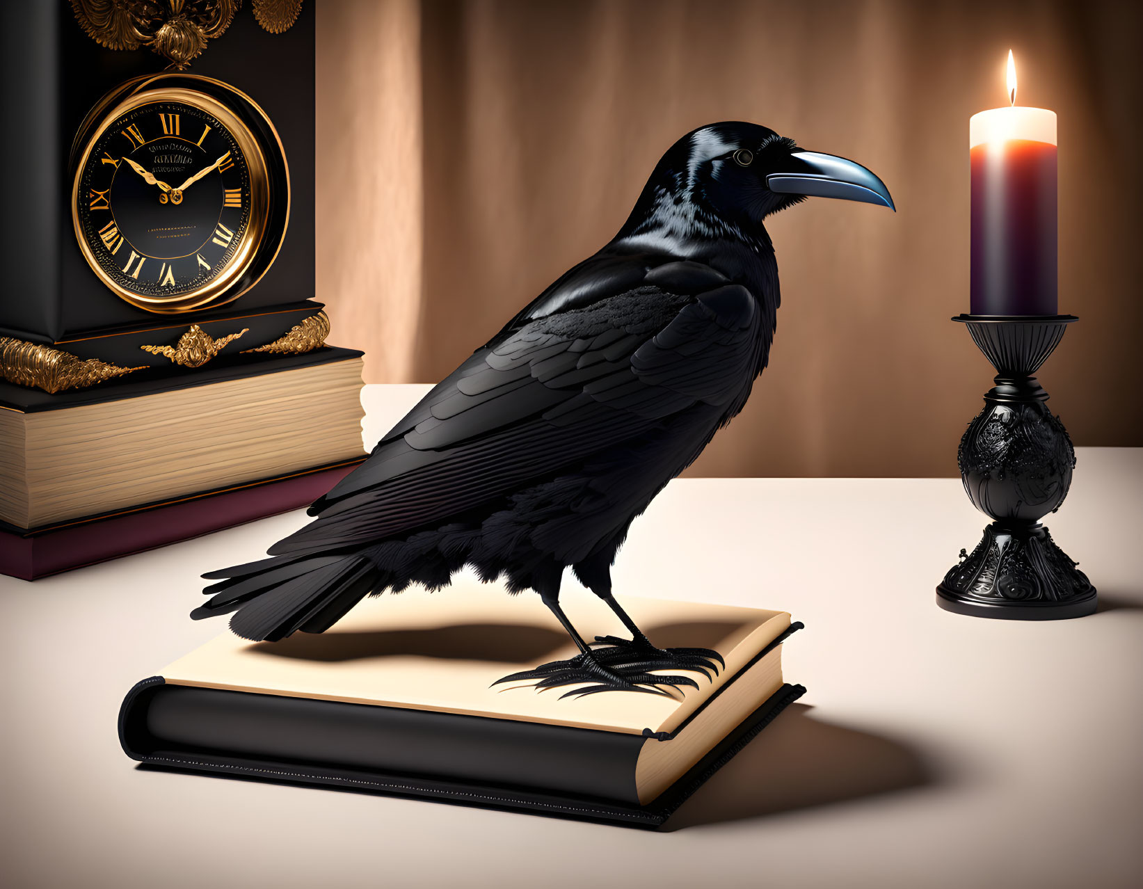 Black raven on open book with candle and vintage clock in gothic setting