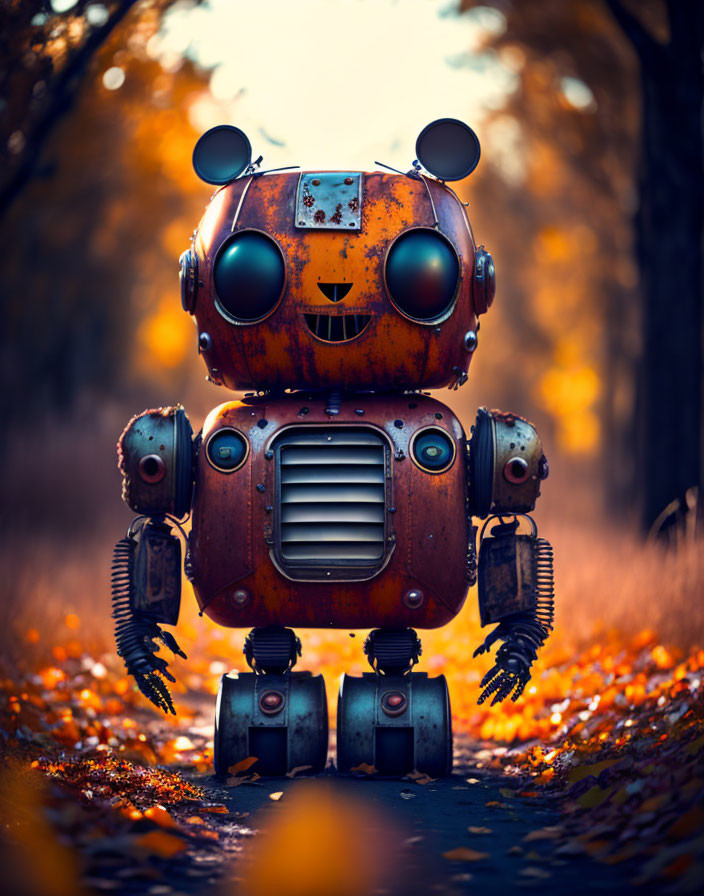 Vintage Rusty Robot Standing in Autumnal Setting