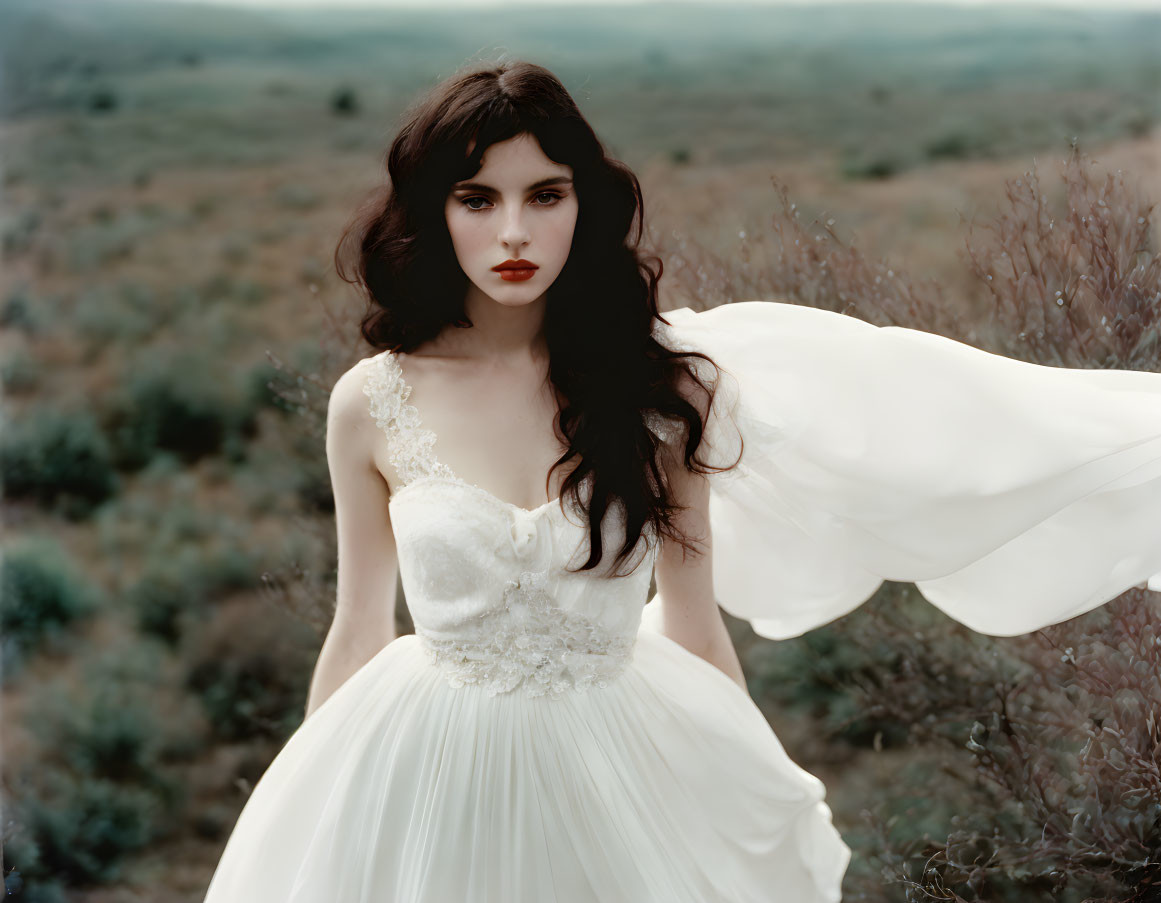 Dark-haired woman in white dress with red lipstick in dramatic field scene