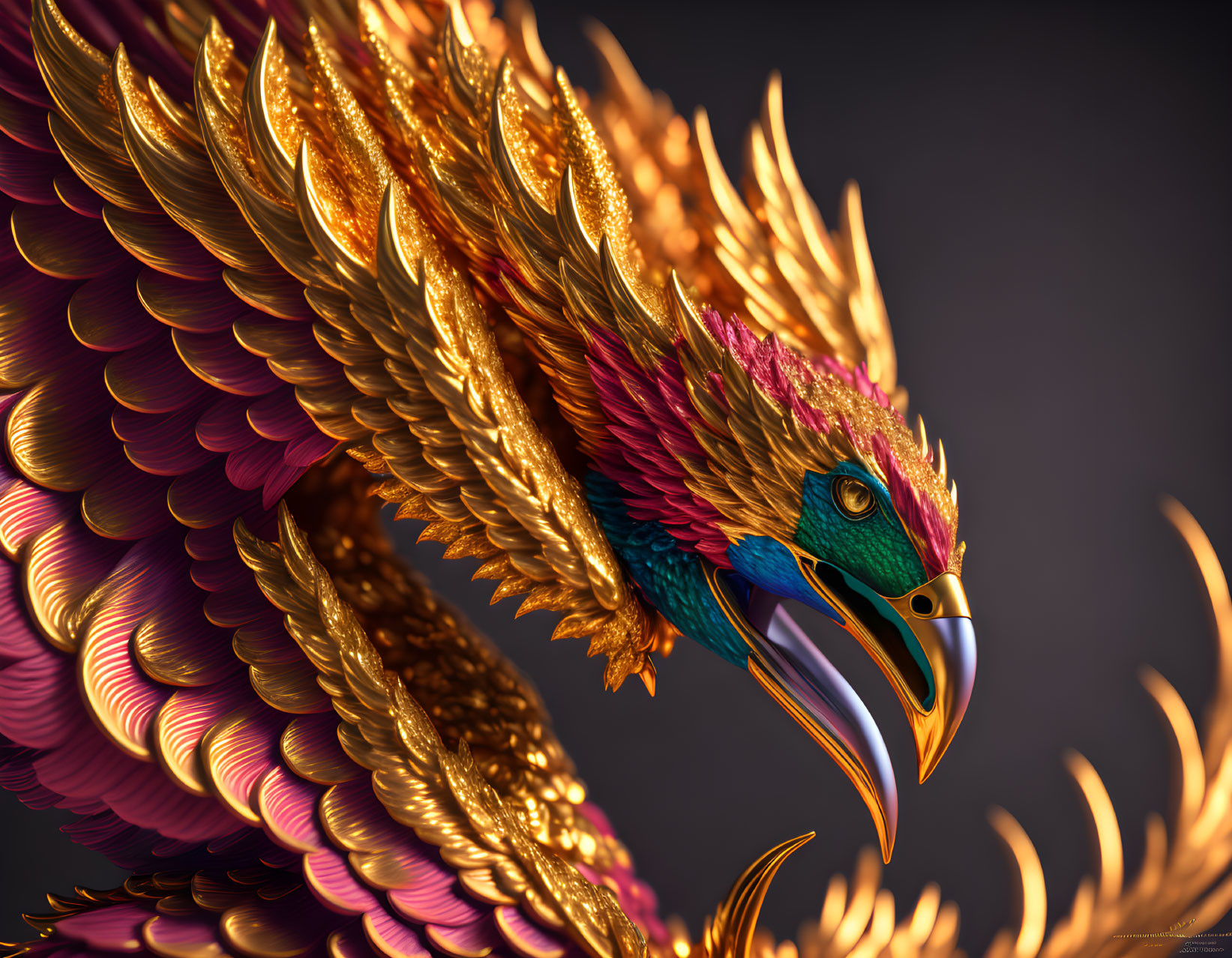 Colorful digital artwork: Fantastical bird with golden, pink, and green feathers