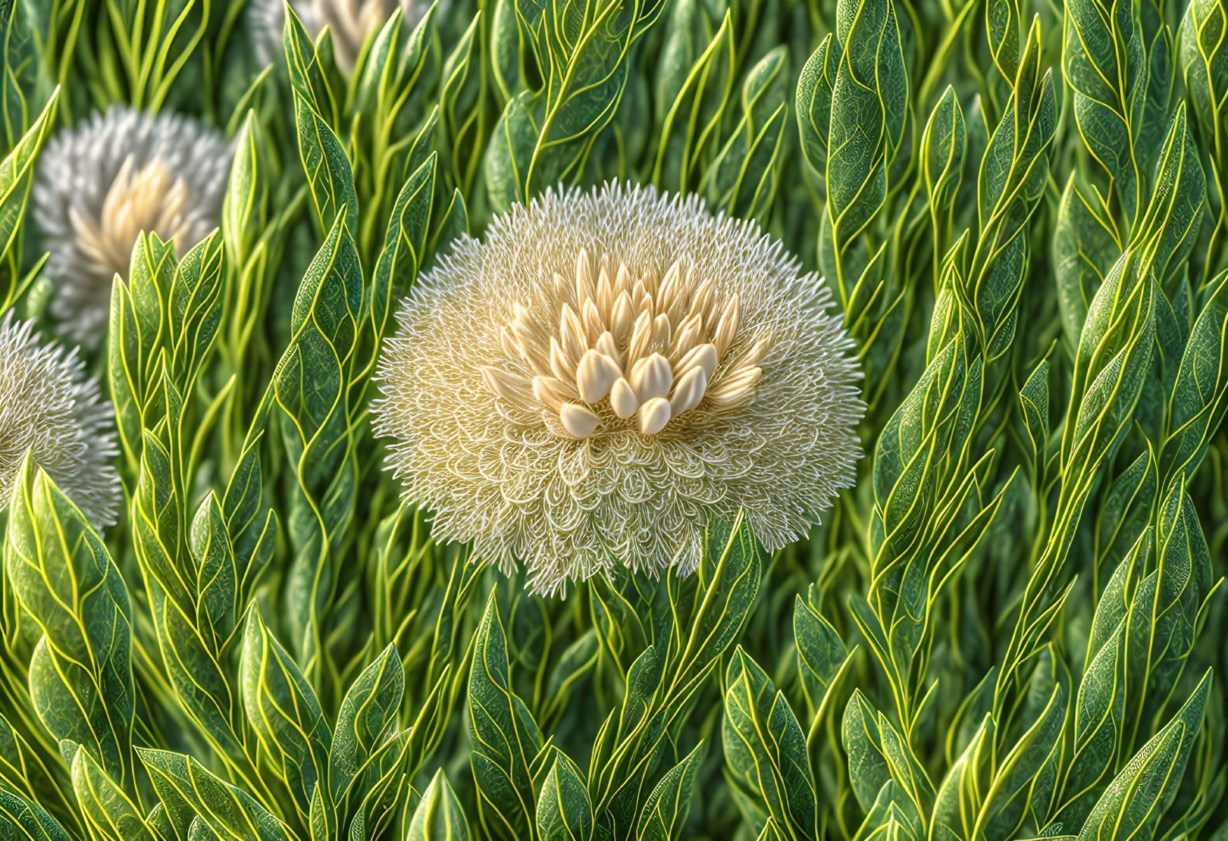 Detailed Close-Up of White and Yellow Flower with Green Leaves