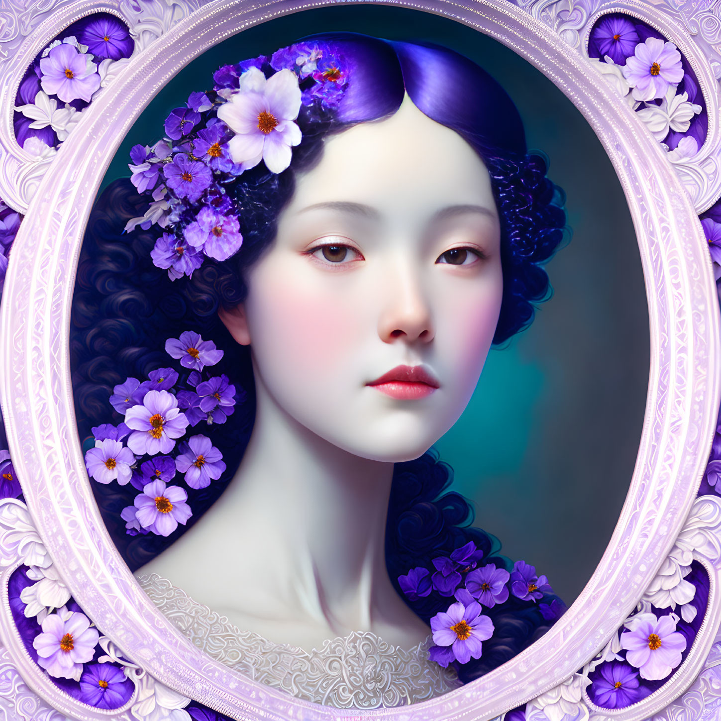 Digital painting of woman with pale skin and purple flower hair, ornate circular floral border