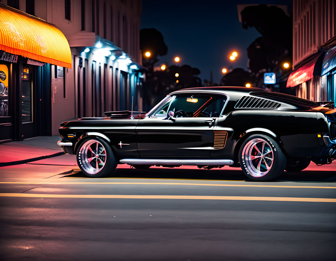 Vintage Black Ford Mustang with White Stripes in City Street Twilight