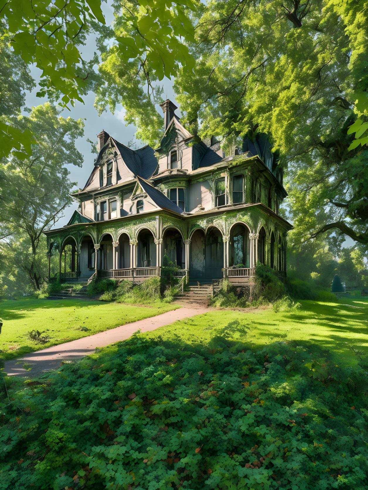 Victorian-style Mansion in Greenery with Clear Sky & Footpath